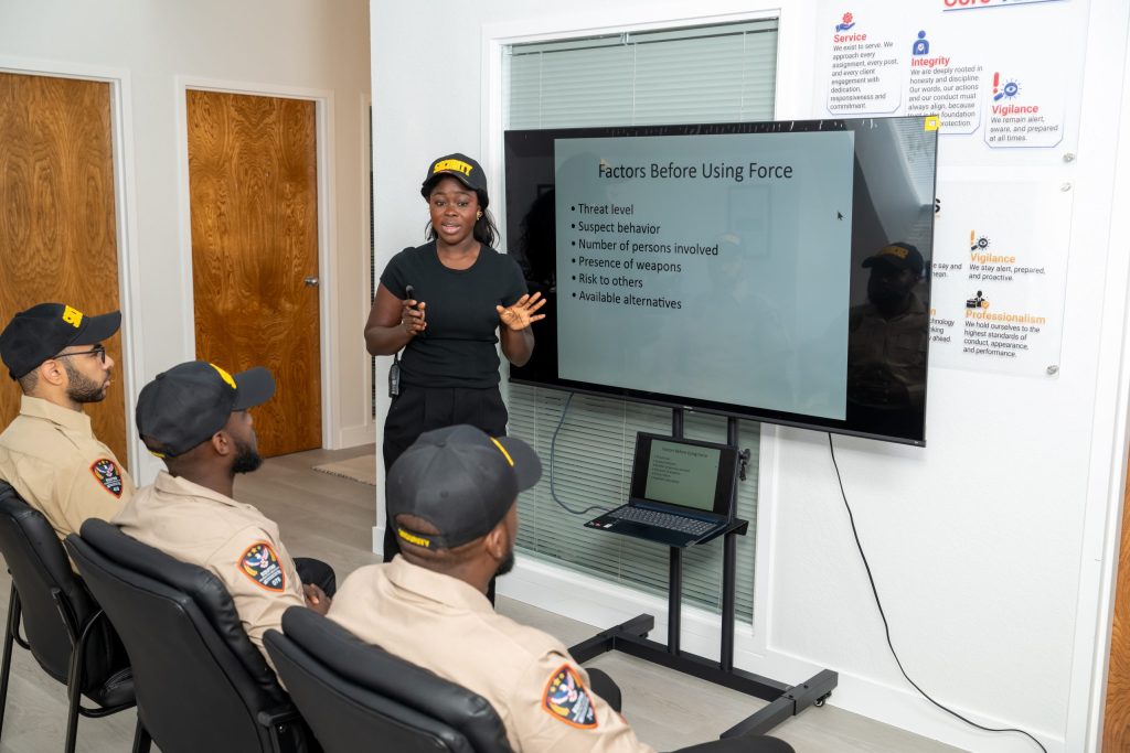 Equitab security officers in a use-of-force training session